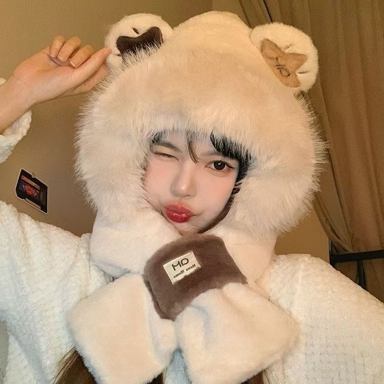 Plush hooded scarf with bear design, lined