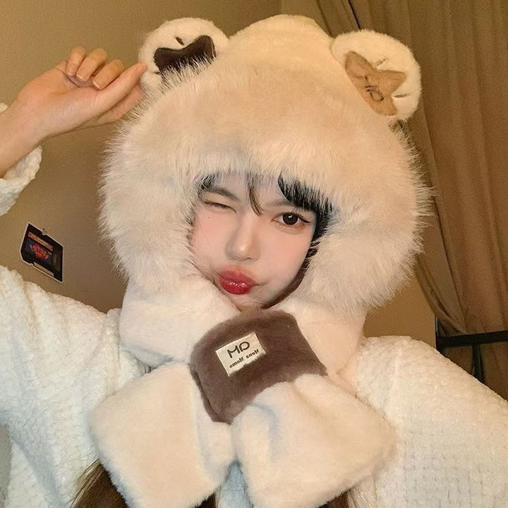 Plush hooded scarf with bear design, lined
