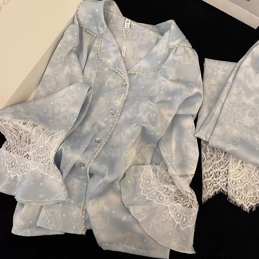 Women's Pajama Set made of Ice Silk with Pearl Detail