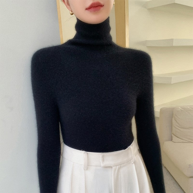 Women's knitted pullover with stand-up collar, fitted