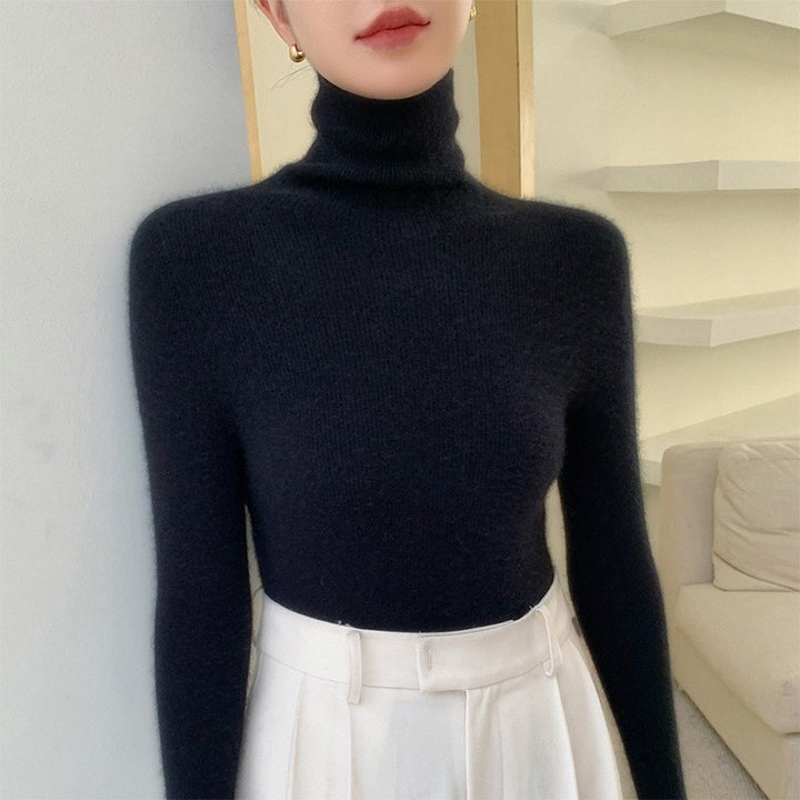 Women's knitted pullover with stand-up collar, fitted