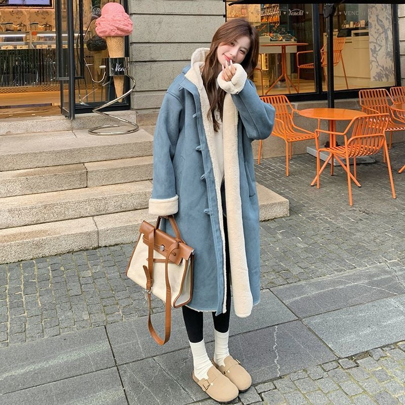 Lamb fleece coat, suede look, padded