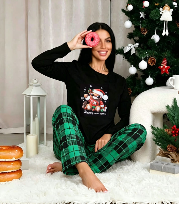 Women's Pajama Set, Long Sleeve, Checkered, for Cozy Hours