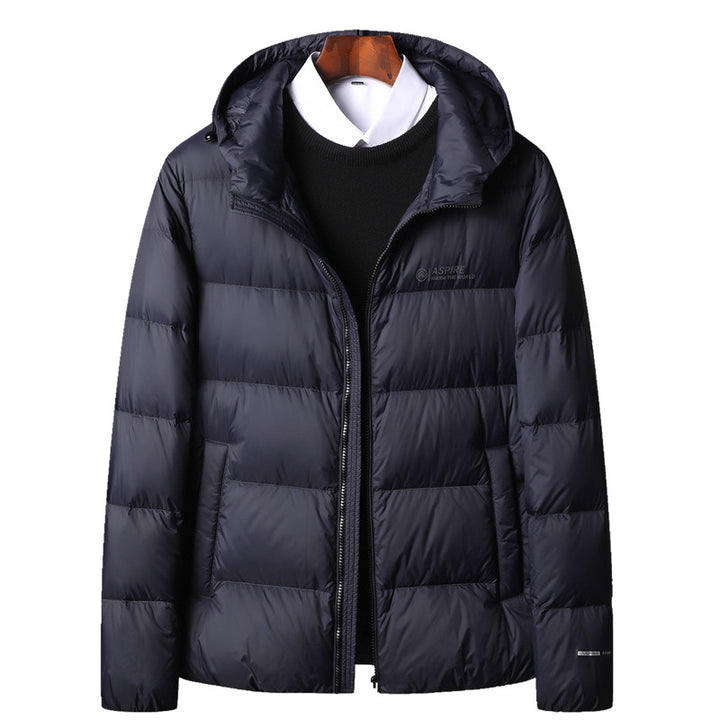 Warm men's down jacket, simple design