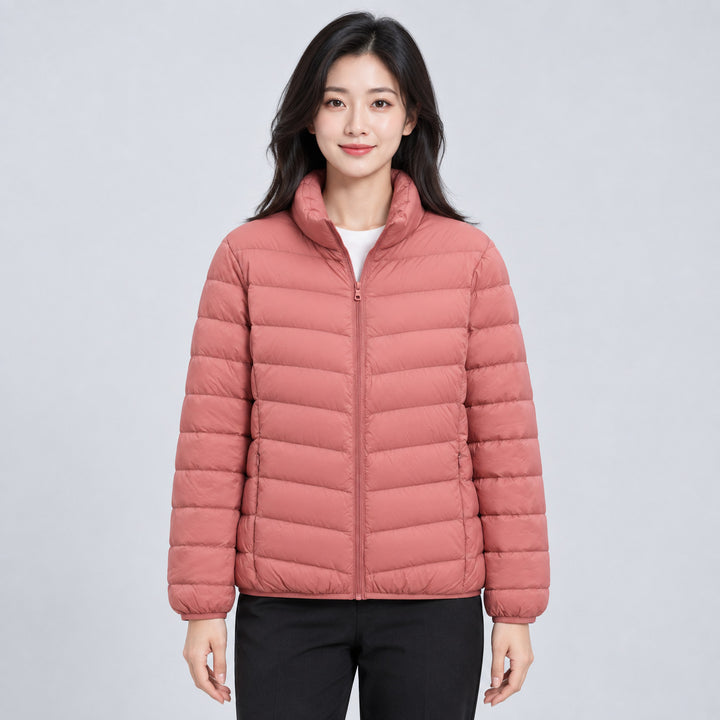 Light women's down jacket with stand-up collar