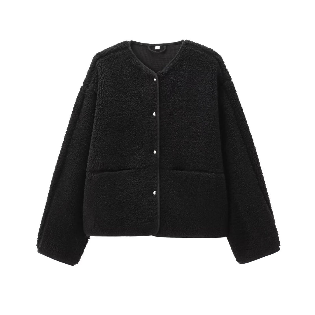 Women Teddy fleece Jacket, Round neck, plain