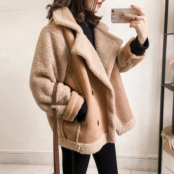 Casual biker jacket made of suede imitation with lamb fleece