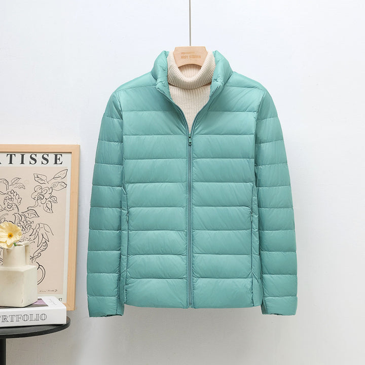 Women’s down jacket, lightweight, stand collar, short