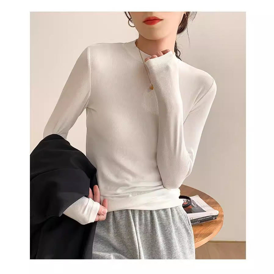 Women's knit shirt with stand-up collar