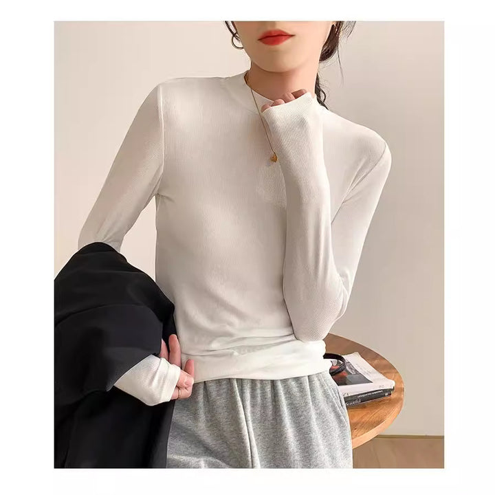 Women's knit shirt with stand-up collar
