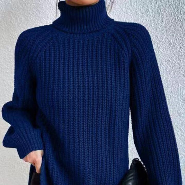 Women's knitted pullover, mid-length with high collar