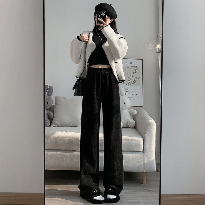 Chenille wide leg trousers for women, straight cut, autumn/winter