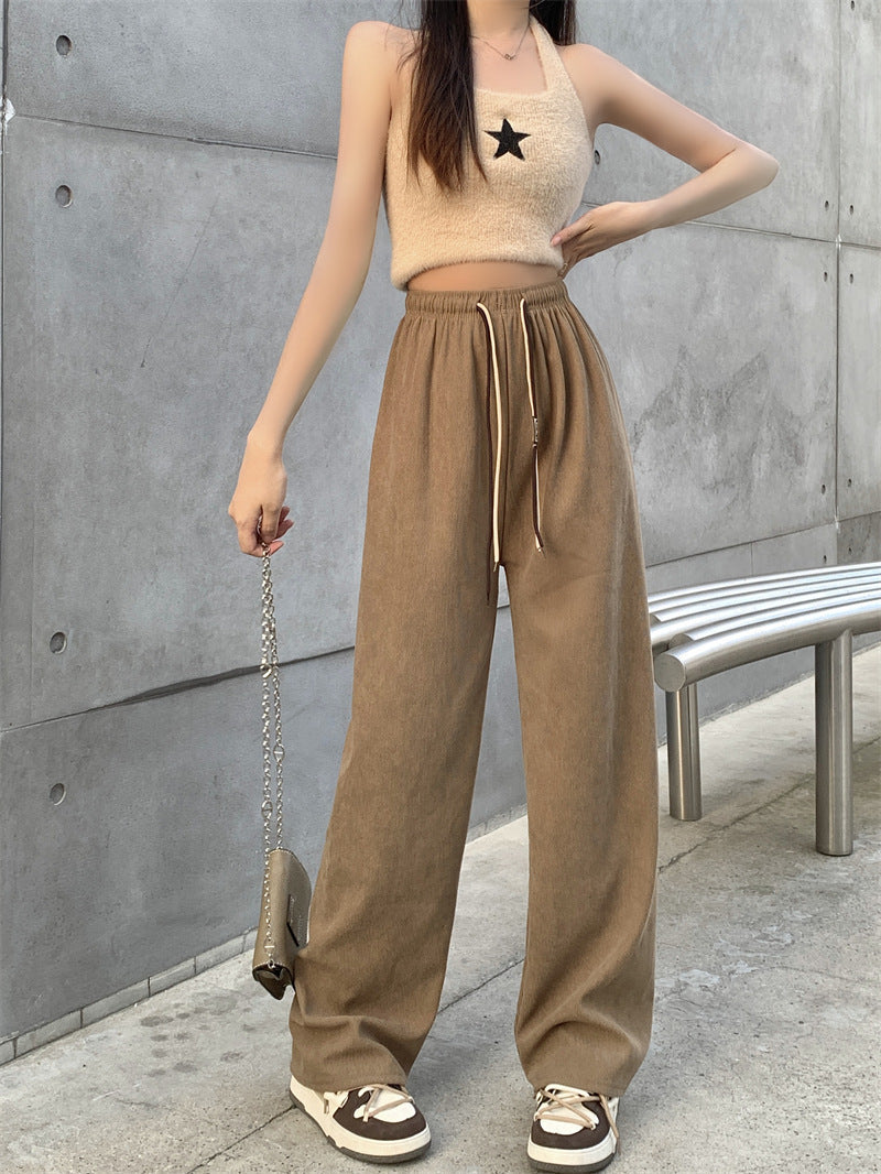 Cord wide trousers with drawstring, high waist, straight cut