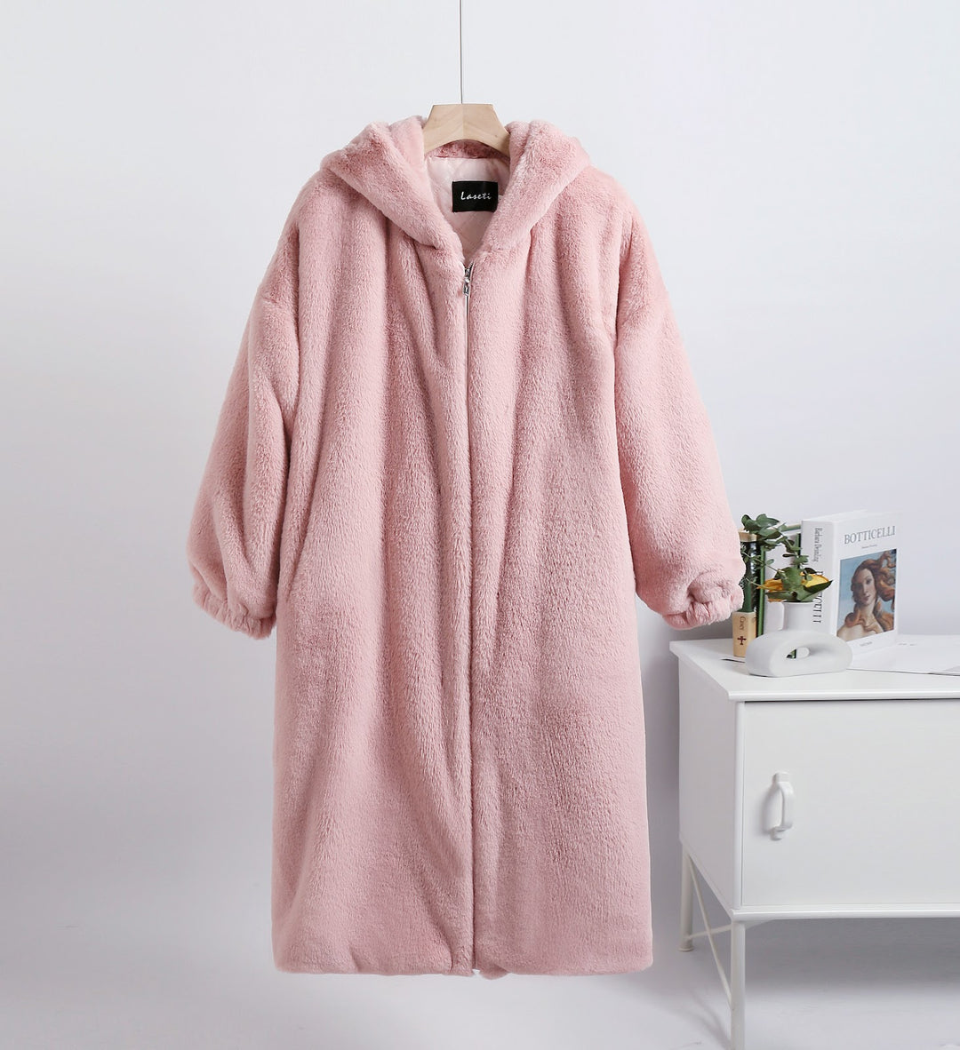Long coat made of lambskin imitation with hood