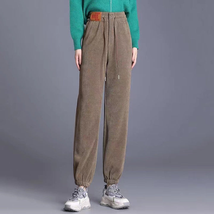 Padded corduroy harem pants with a high waistband