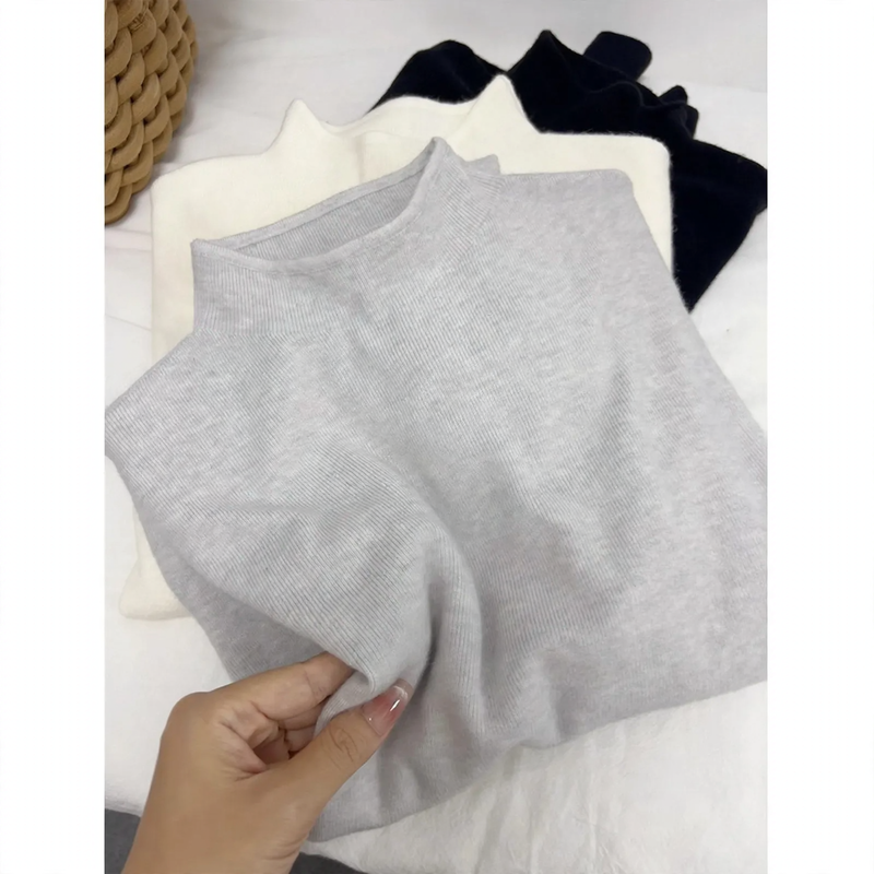 Women's knitted pullover with stand-up collar, versatile basic