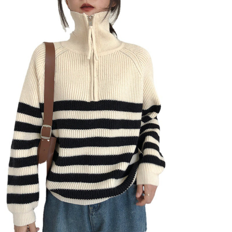 Women's zip-up cardigan with stripe pattern