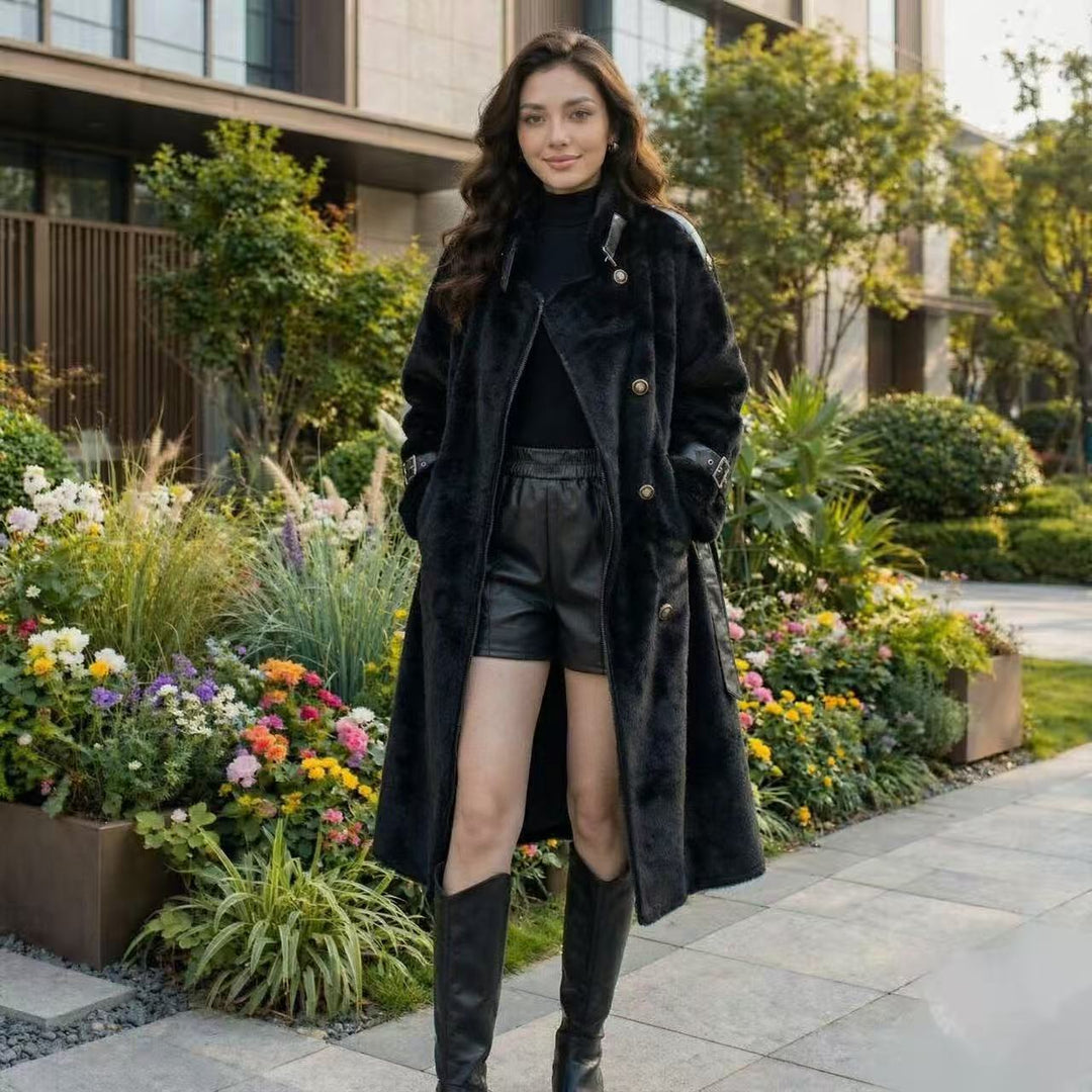 Long women's sheepskin coat with belt