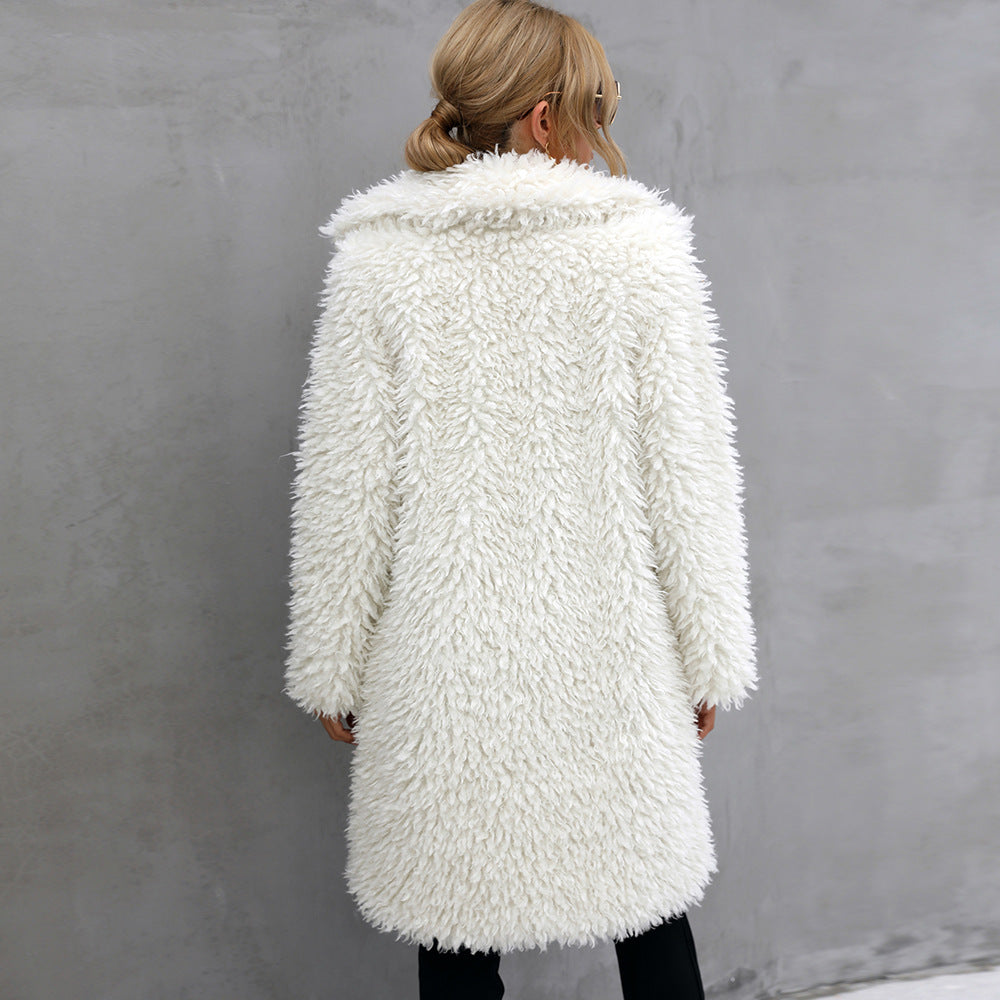 Long faux fur coat with lapel collar