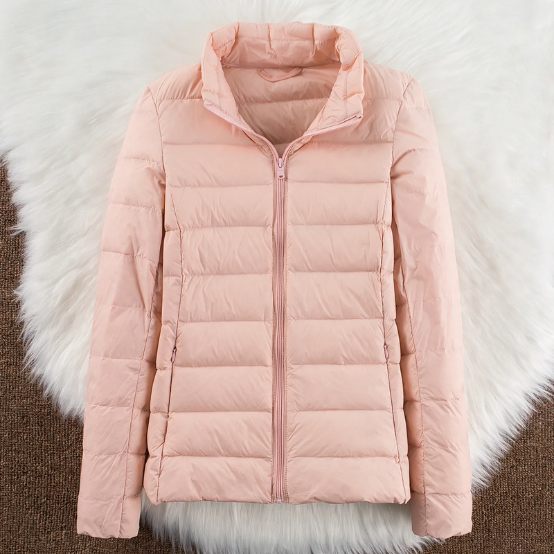 Light women's down jacket with hood and standing collar