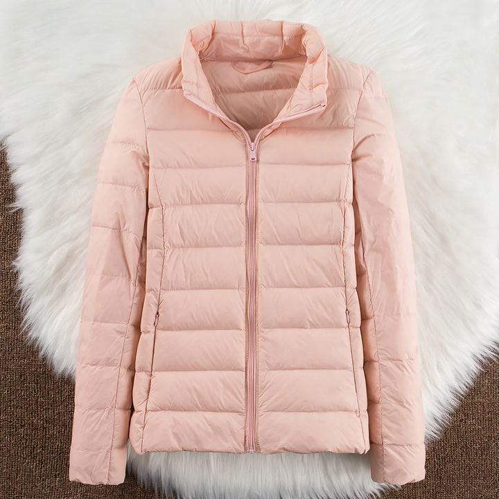 Light women's down jacket with hood and standing collar