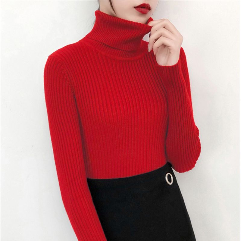 Women's knitted pullover with roll neck, fitted