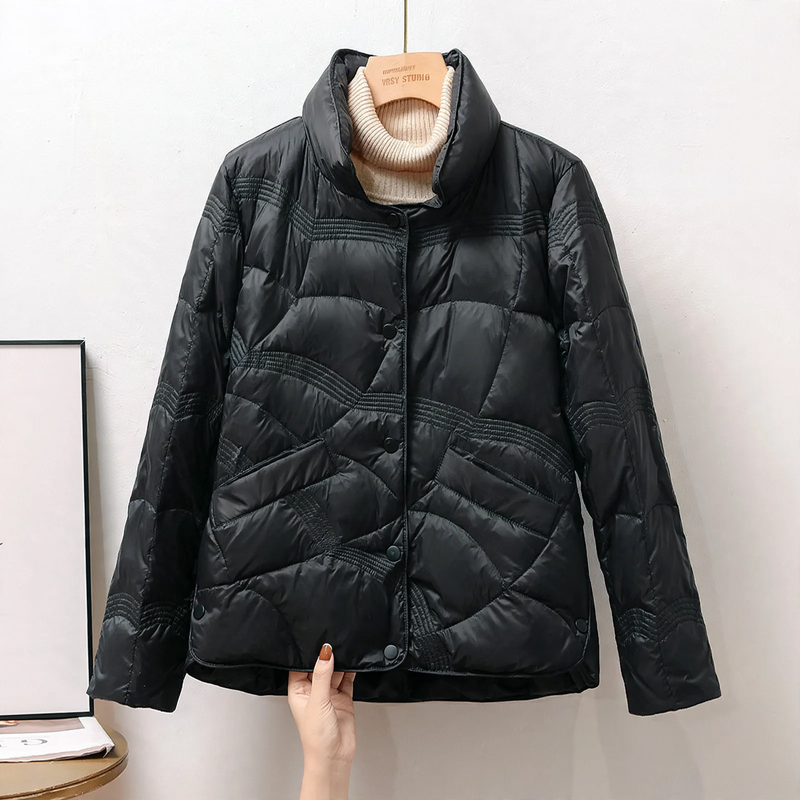 Short women's down jacket with stand-up collar
