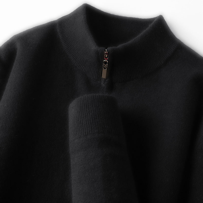 Men's wool pullover, 100% wool, zipper, stand-up collar