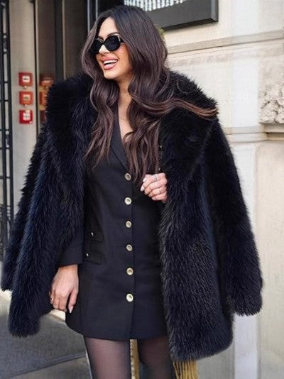 Long faux fur coat with large lapels