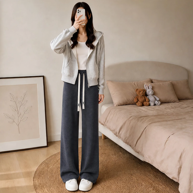 Fleece-lined corduroy knitted pants with wide legs