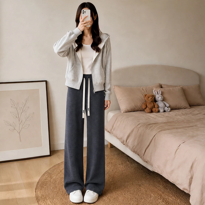 Fleece-lined corduroy knitted pants with wide legs