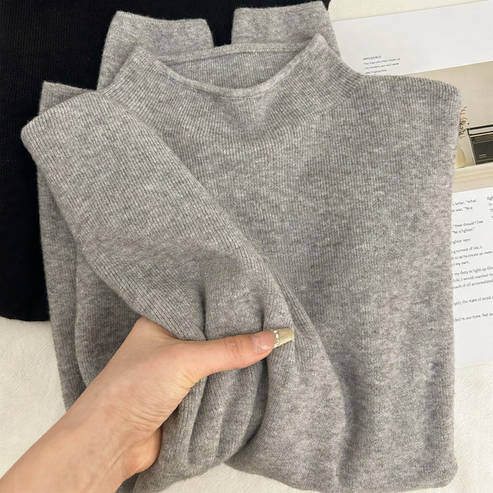 Women's knitted pullover with stand-up collar, ribbed