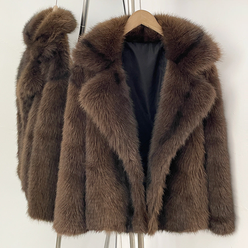 Women's Faux Fur Coat with Lapel Collar, Mid-Length