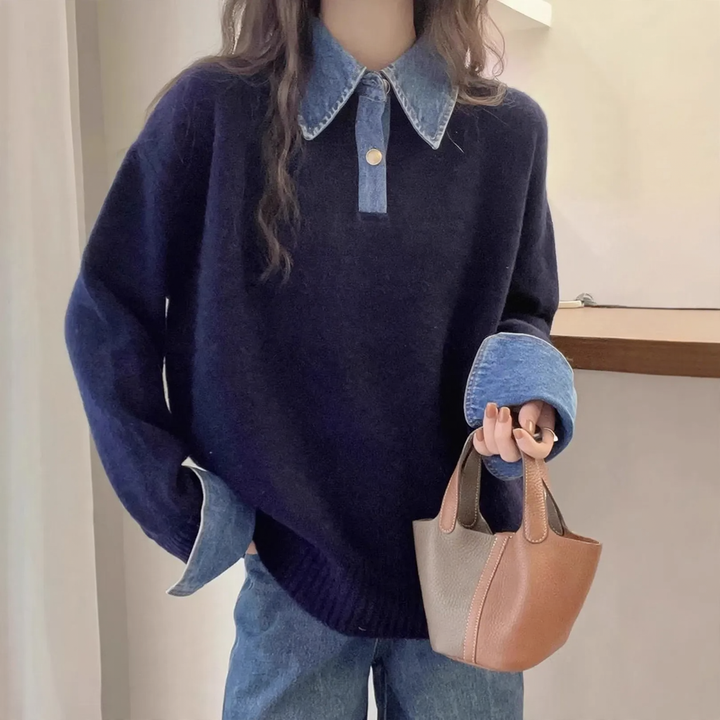 Women's knit sweater with polo collar and denim sleeves