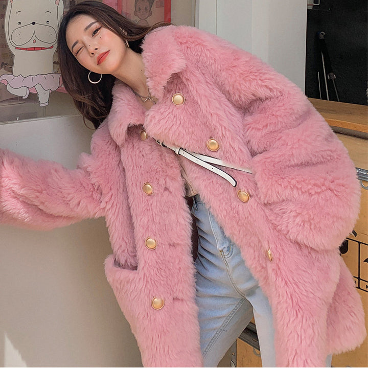 Sheepskin imitation coat, knee-length, women's