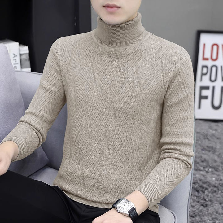 Men's knit pullover with cable pattern and turtleneck