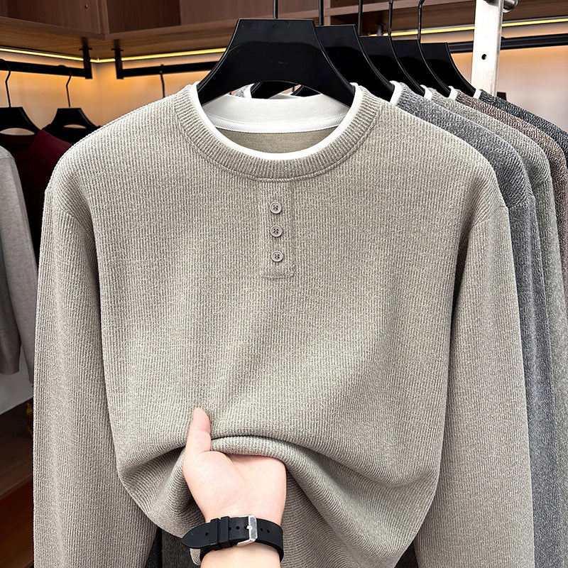 Men's knitted sweater, round neck, long sleeve, fake layer look