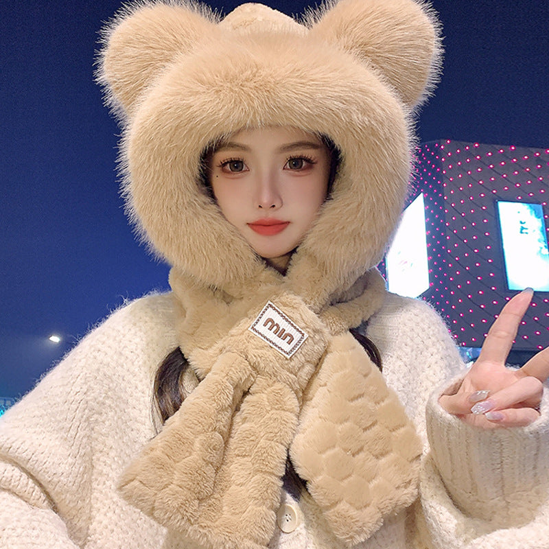Fluffy set consisting of hat with fox ears and scarf