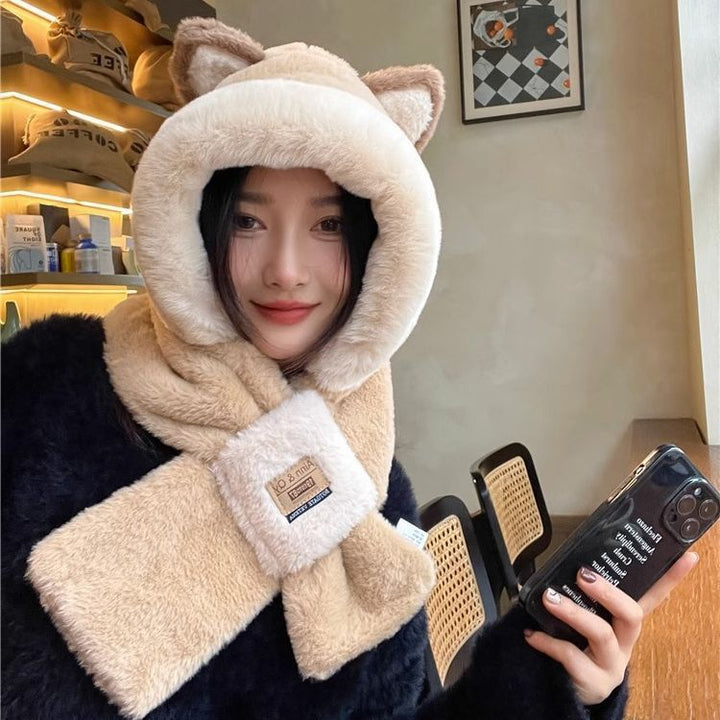 Padded winter hooded hat with scarf