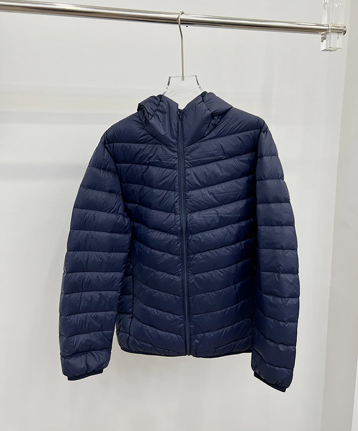 Light men's down jacket, short, with hood