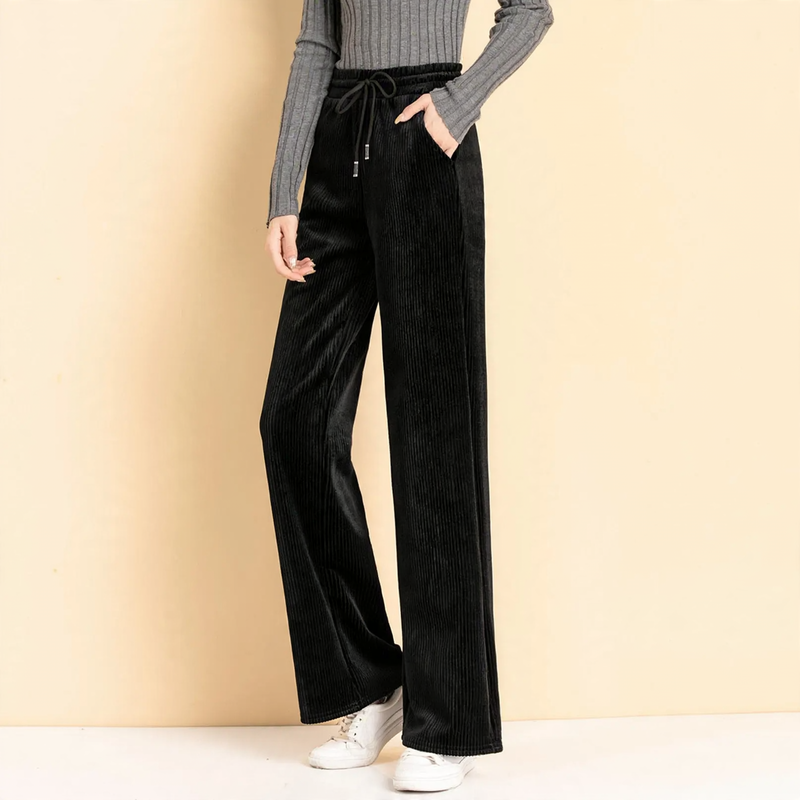 Ladies' corduroy pants with high waistband and wide leg