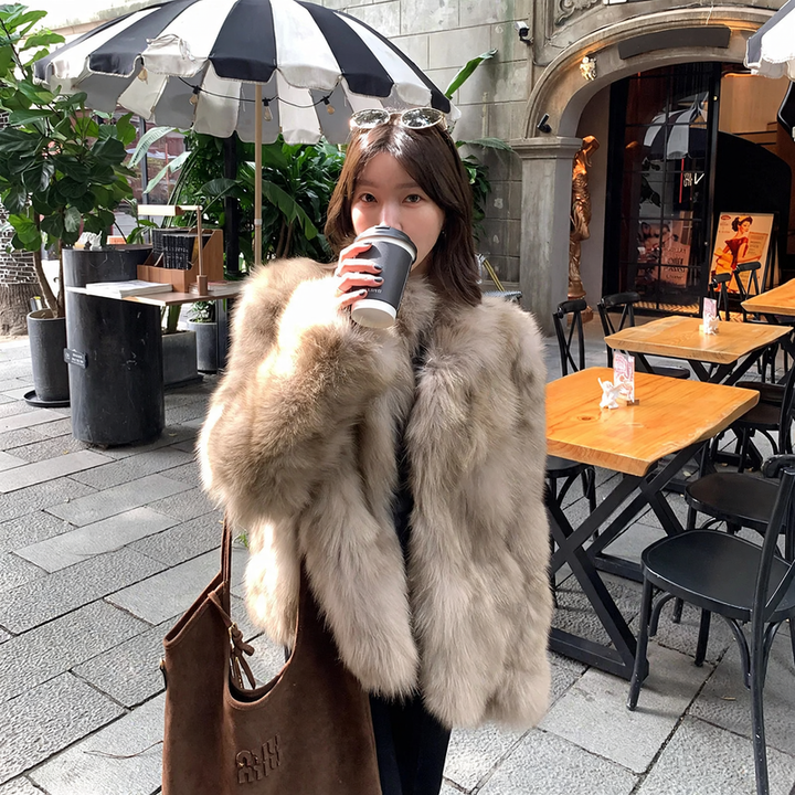 Fluffy jacket with stand-up collar