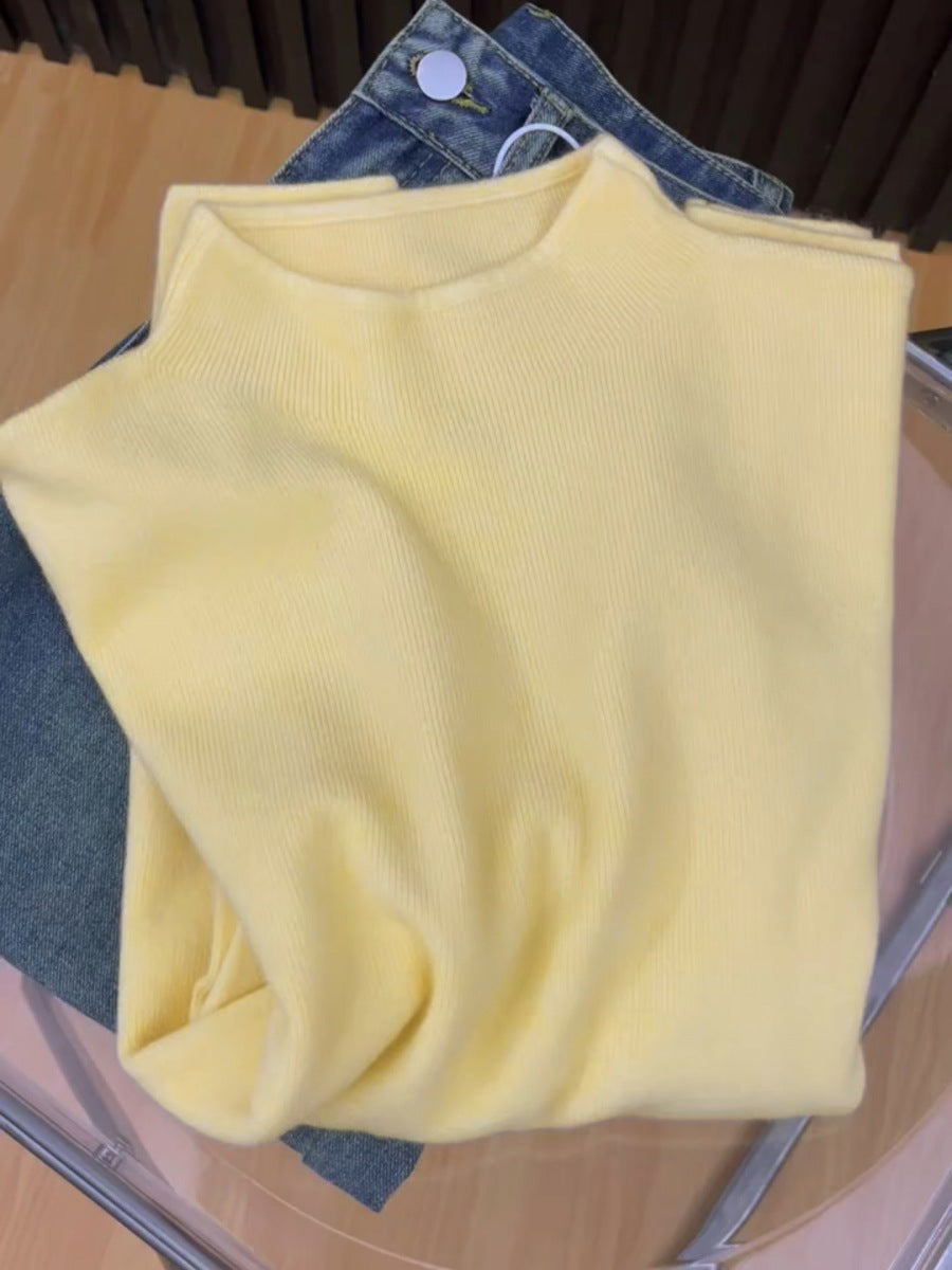 Women's knitted pullover with stand-up collar, ribbed