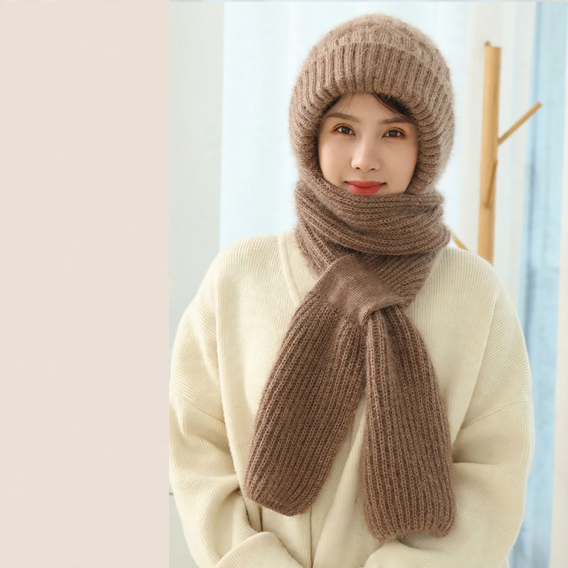Padded knit cap with scarf for women