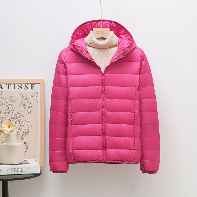 Light women's down jacket, hood, short fit