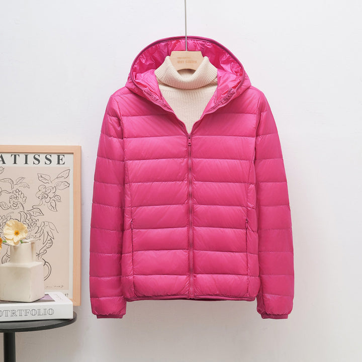 Light women's down jacket, hood, short fit