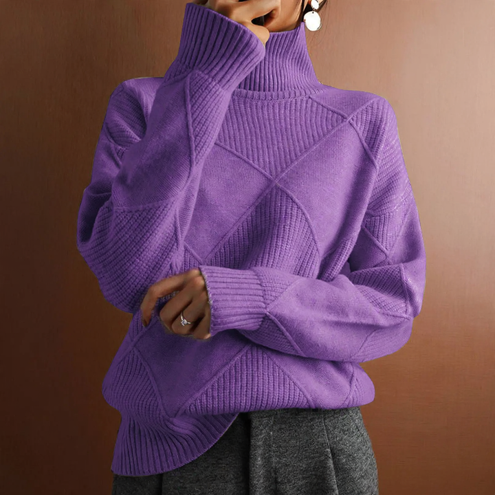 Women's knit sweater with high collar, solid color