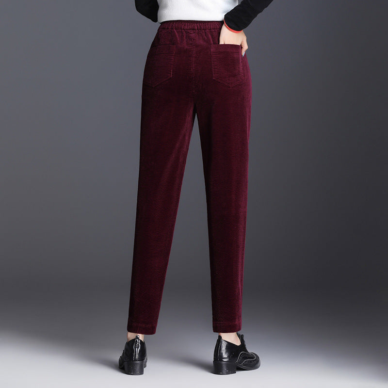 Women's corduroy pants, shortened, high waistband