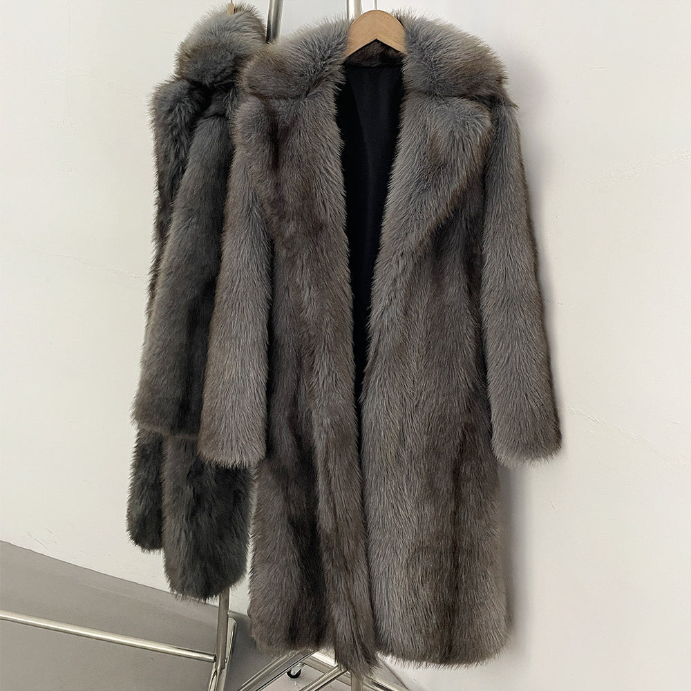Elegant faux fur coat with lapel collar