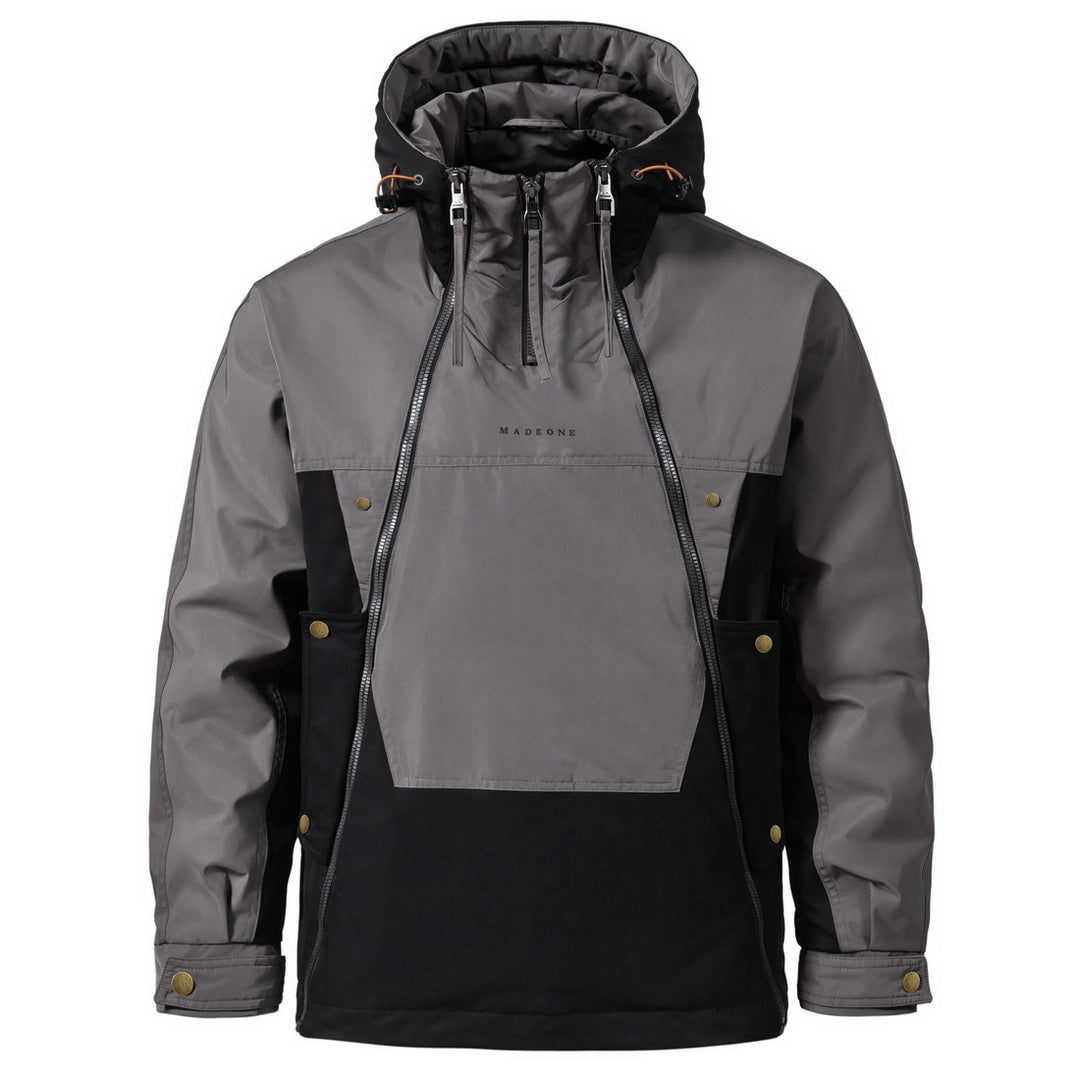 Padded men's hooded jacket with double zipper